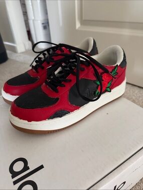ALO Yoga Red and Black Kids Sneakers with Green Floral Embroidery